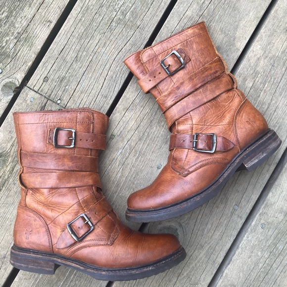 Frye Shoes - FRYE Boot VERONICA TANKER ENGINEER Combat Boho Distressed Leather Cognac Size 8